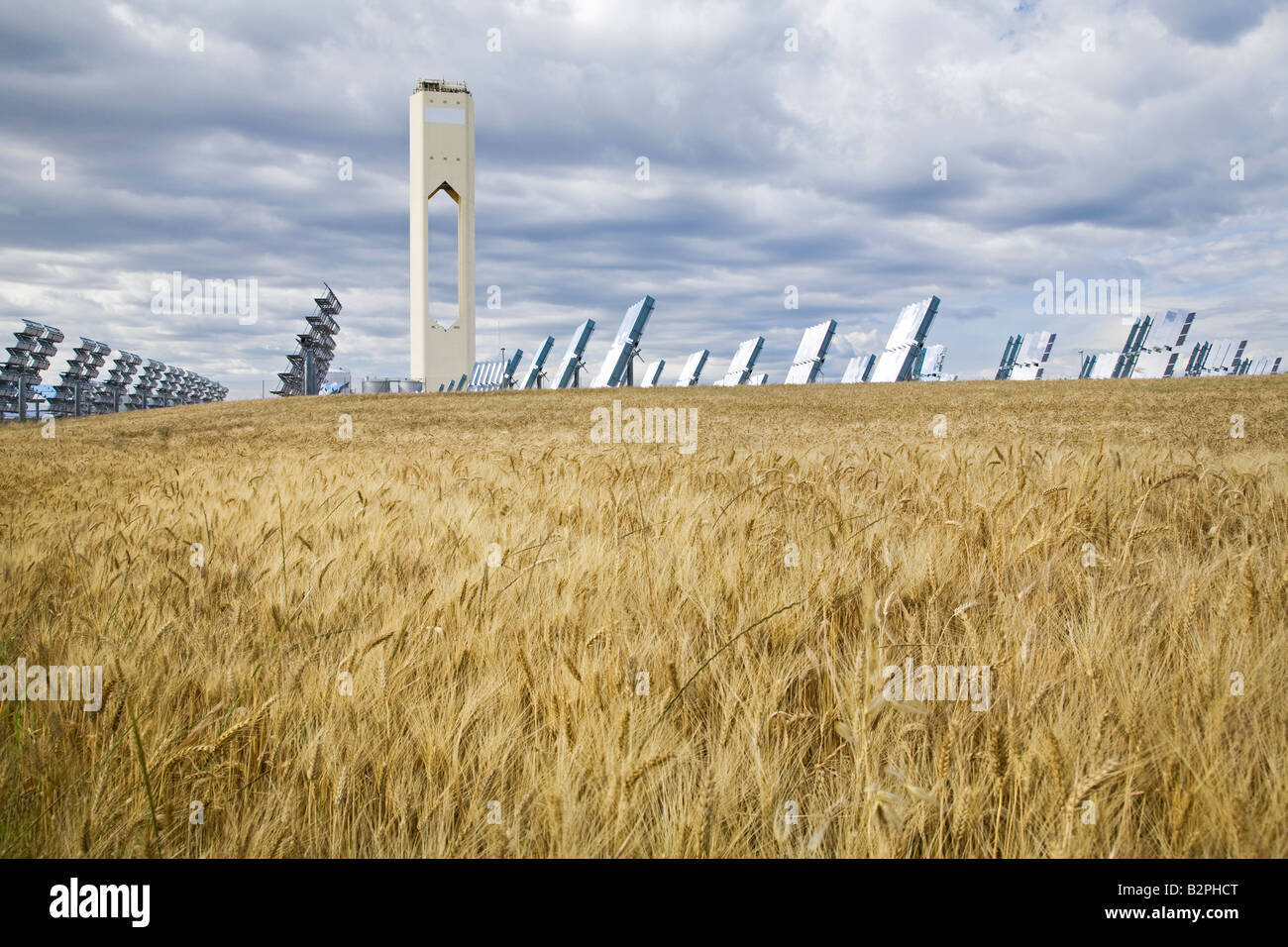 Photovoltaic plant and solar tower, Seville, Spain Stock Photo