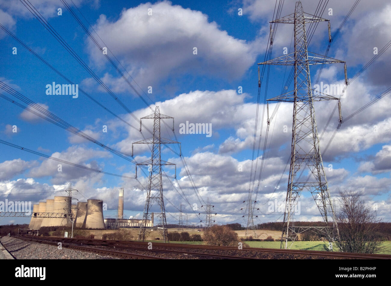 Electricity pylons and power lines at Ratcliffe on Soar coal fired power station UK Stock Photo