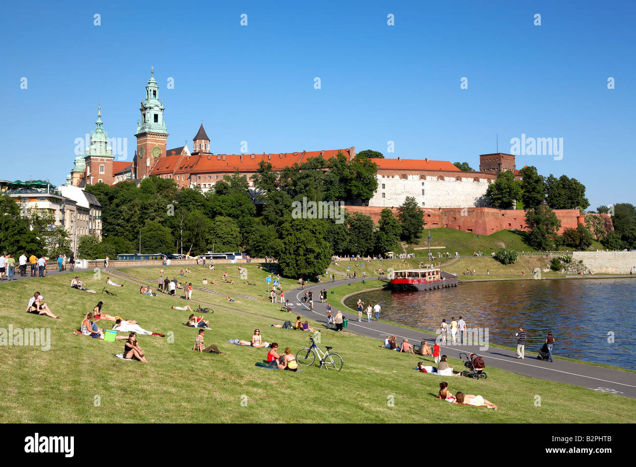Poland Malopolska Region Krakow Royal Wawel Castle Cathedral Hill beside Vistula River Stock Photo