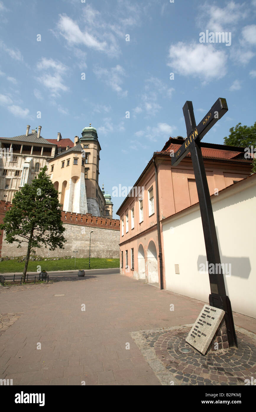 Poland Krakow Royal Wawel Castle and Katyn memorial cross Stock Photo