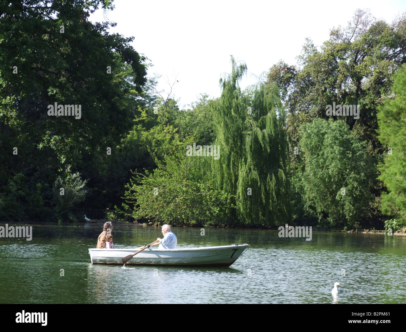couple in rowing boat on lake in villa park in rome italy