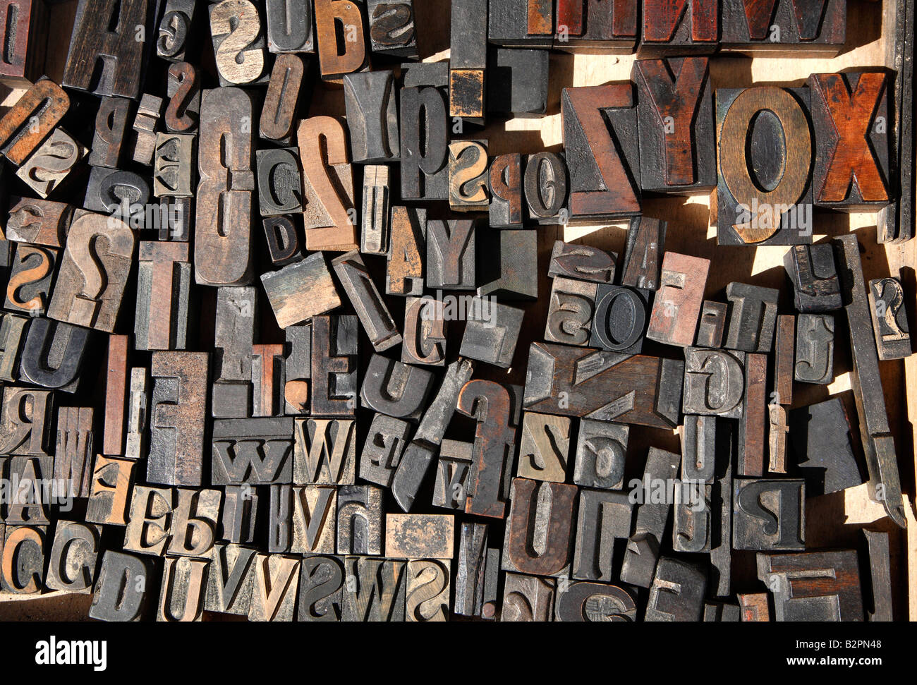 Close up of old wooden letterpress printing letters Stock Photo Alamy