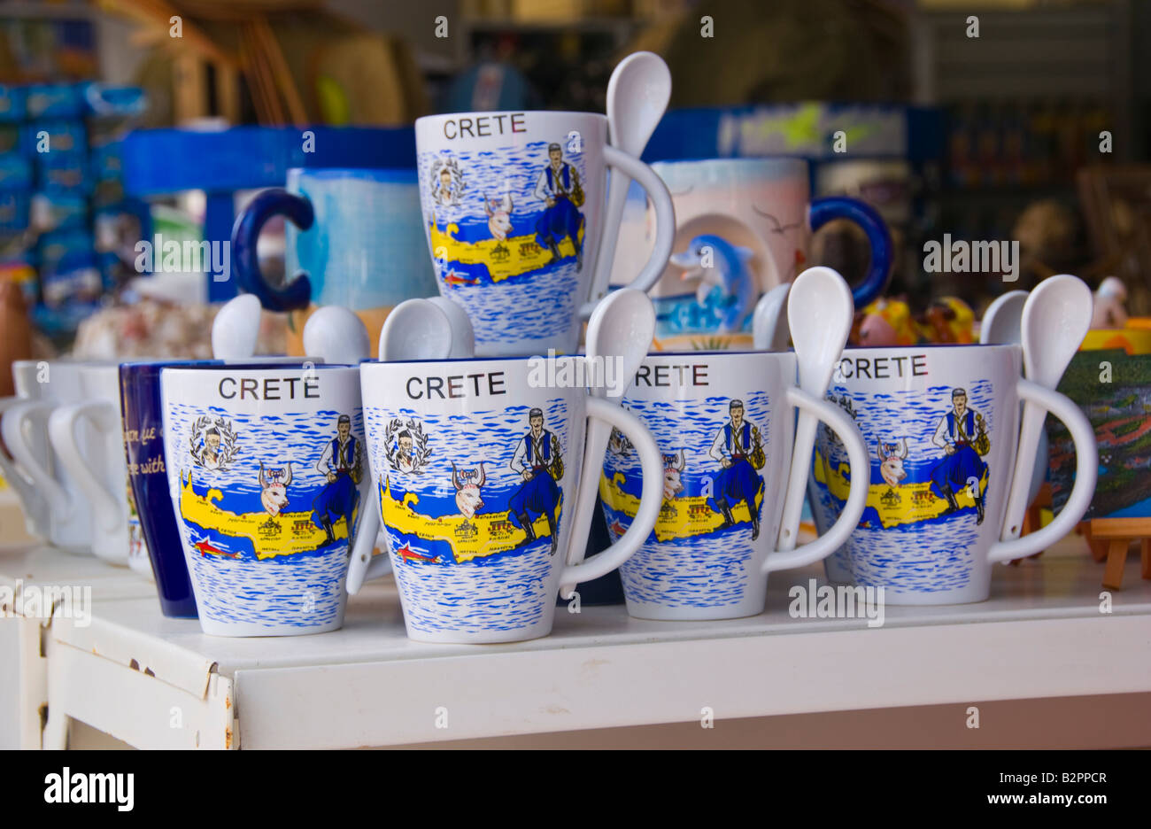Souvenir mugs in gift shop in Malia on the Greek Mediterranean island