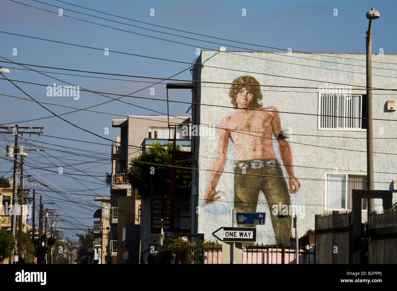 Jim Morrison Doors Mural and Phone and Power Lines Venice Beach Los Angeles County California United States of America Stock Photo