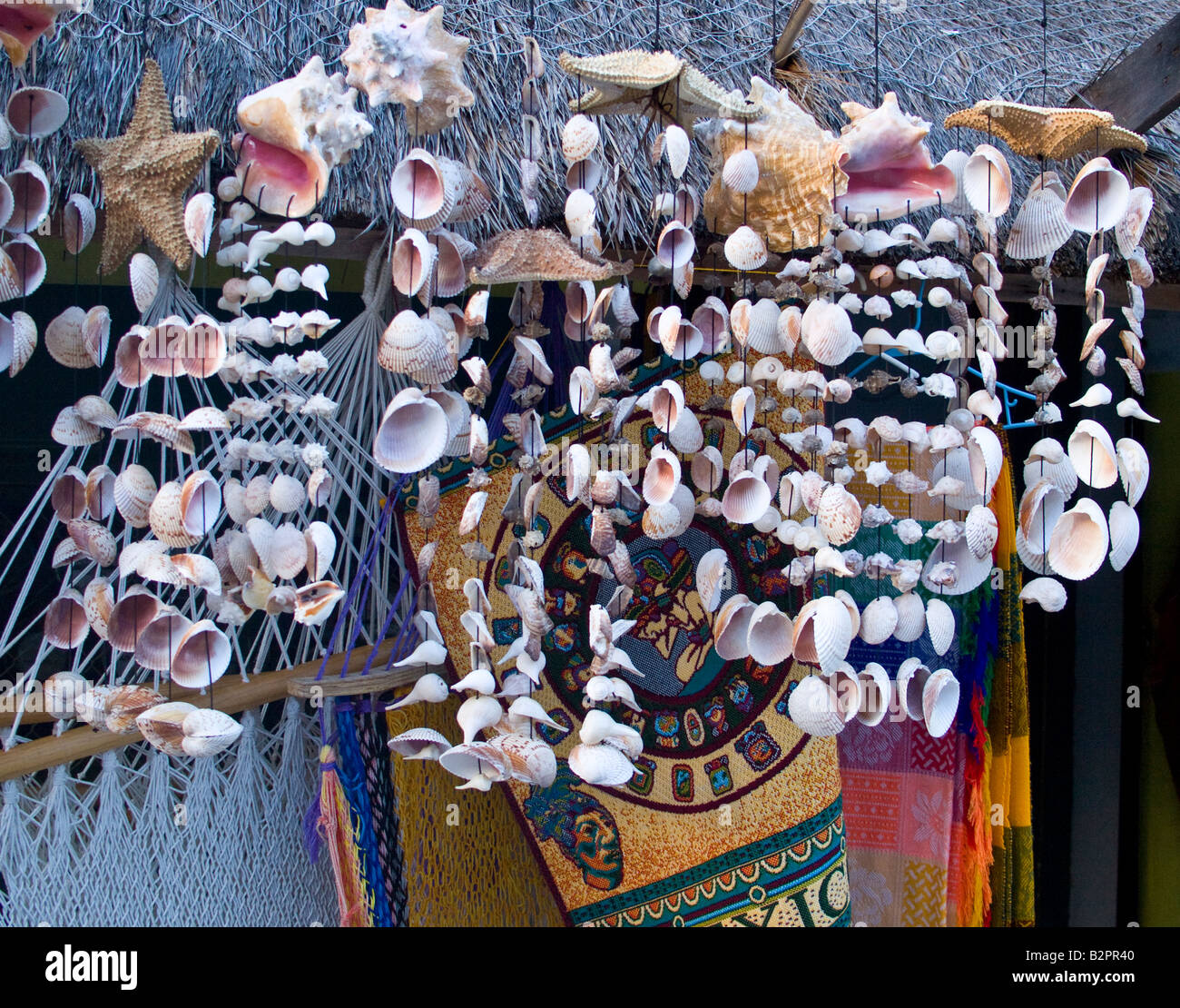 Seashell wind chimes at display in local gift in Playa del Carmen