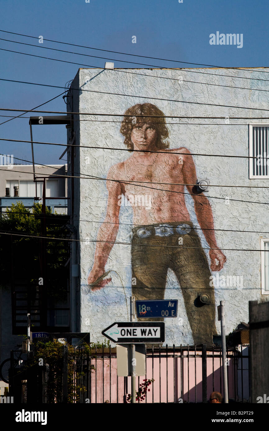 Jim Morrison Doors Mural and Phone and Power Lines Venice Beach Los Angeles County California United States of America Stock Photo