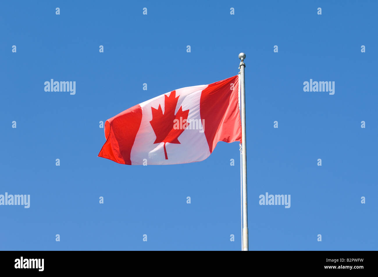 A Canadian Flag flutters high atop a flag pole on a sunny day. Stock Photo