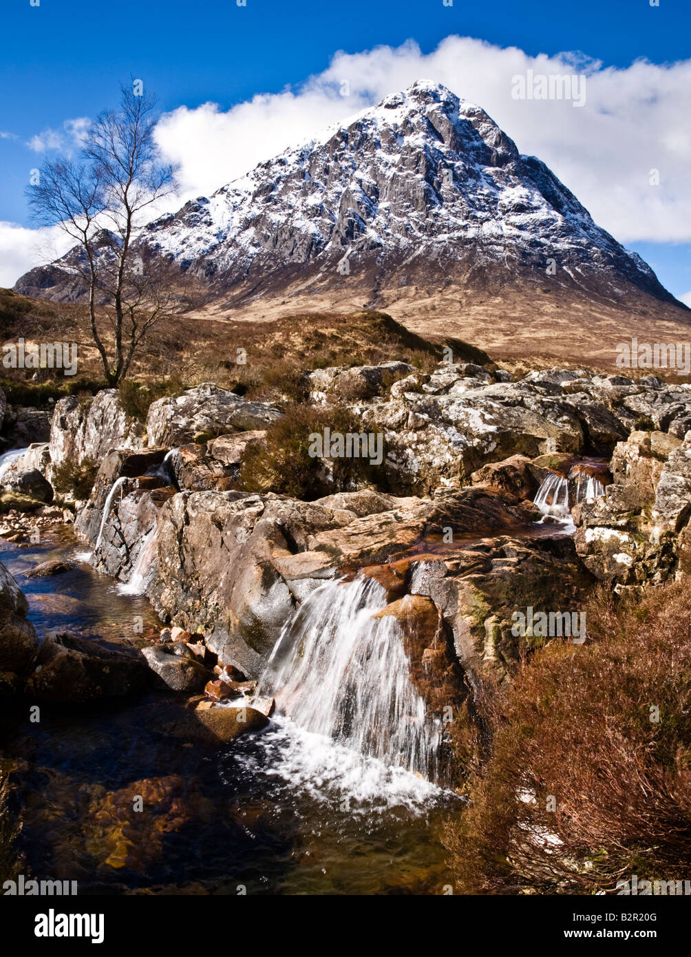 Buachaille Etive Mor and a waterfall on the River Coupall, Scottish Highlands, Lochaber, Scotland. Stock Photo