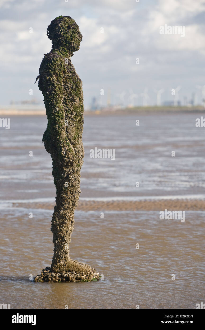 Marine organisms encrusting Anthony Gormley's sculpture Wind turbine on the background Another Place Crosby Beach Liverpool UK Stock Photo