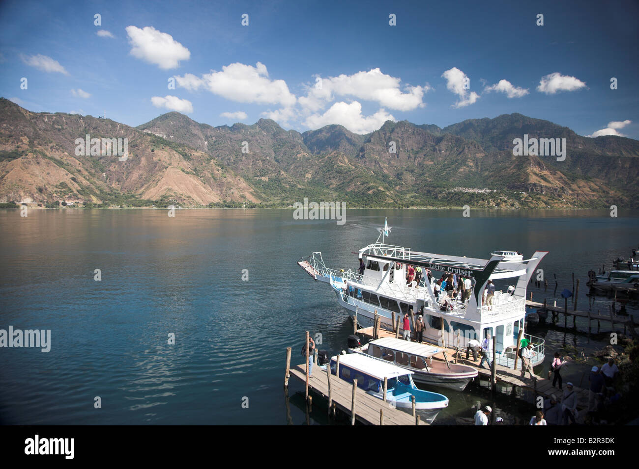 Tourists boats moored at San Pedro La Laguna on Lake Atitlan in Guatamala. Stock Photo