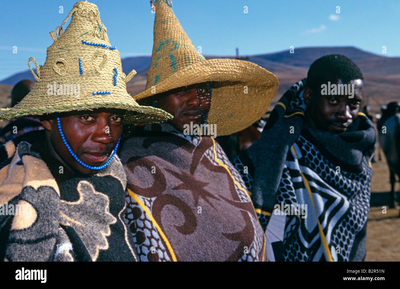 Men Wearing Hats And Basotho Blankets In Rural Lesotho Africa Stock 