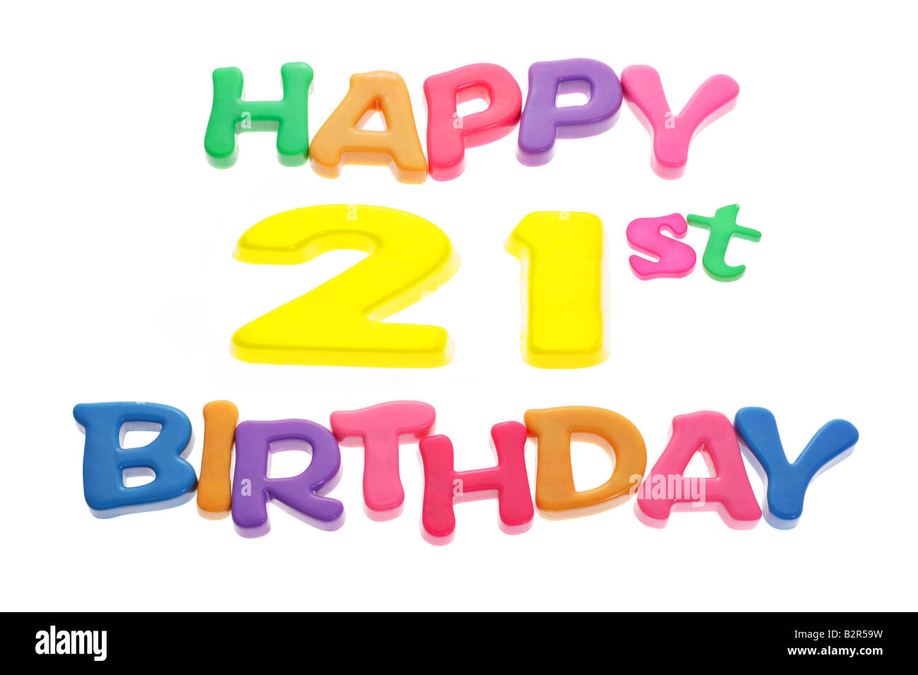 Happy 21st Birthday letter blocks arranged on white background Stock Photo