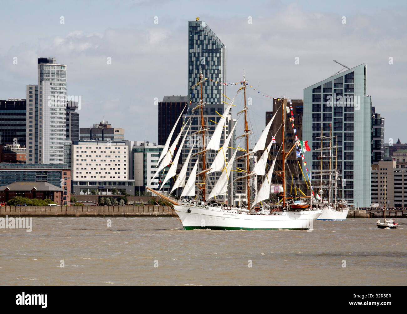 Liverpool Tall Ships 2008 Three masted Barque ARM Cuauhtémoc passes Liverpool skyline River Mersey Stock Photo