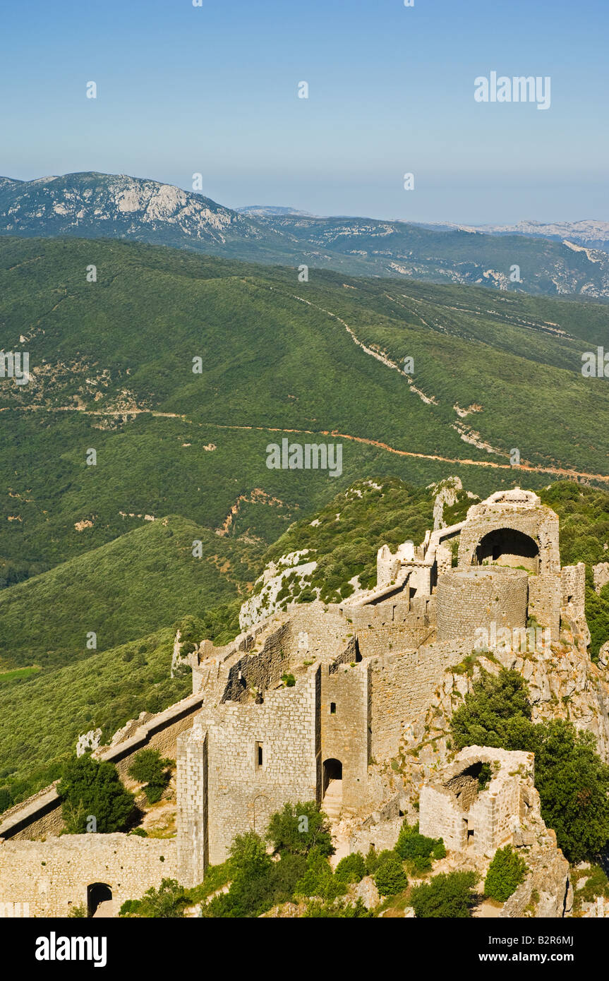 The hilltop Cathar castle ruins of Peyrepertuse in Corbiere France