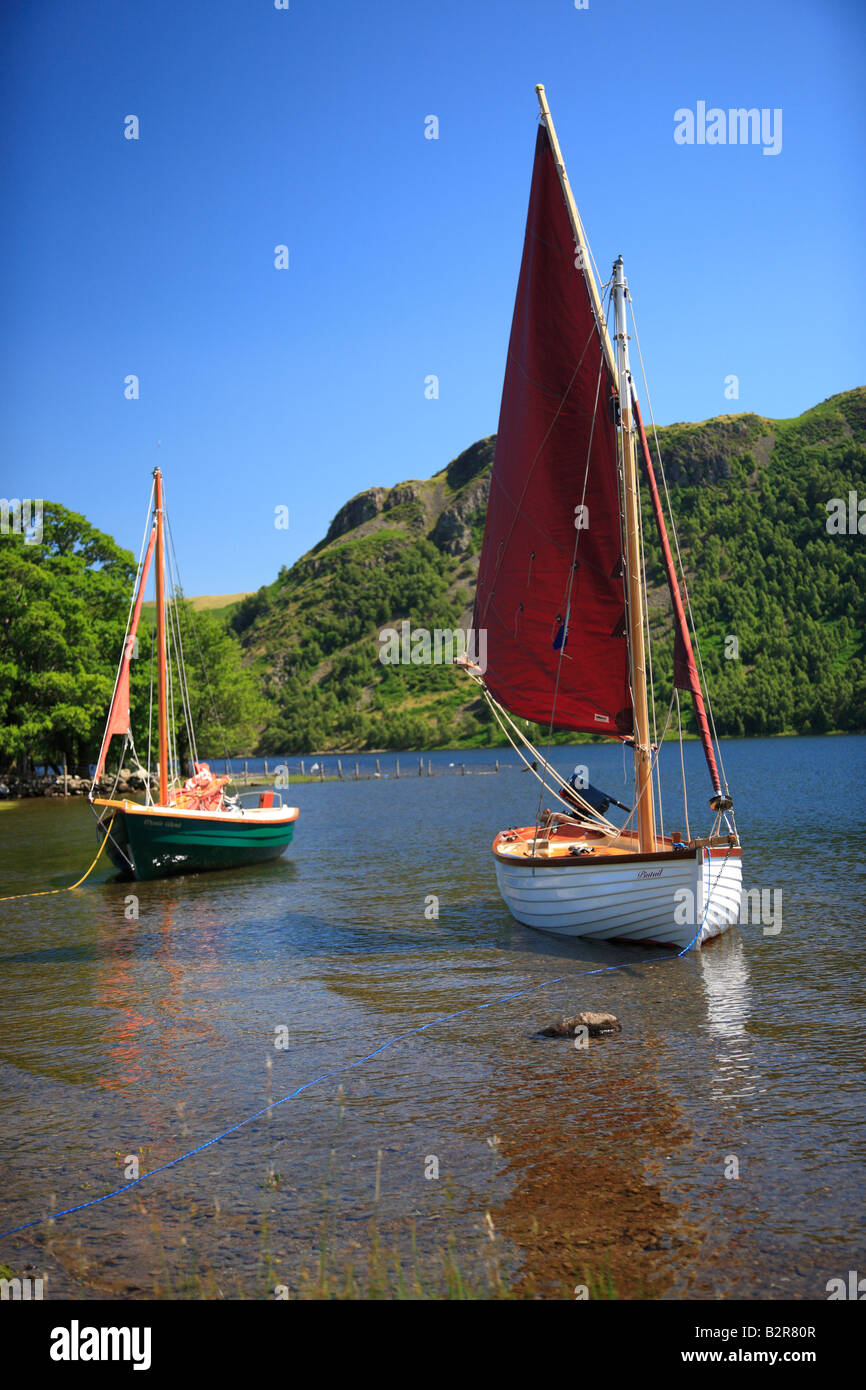Green and white sailing boats with red sail moored on in a bay on