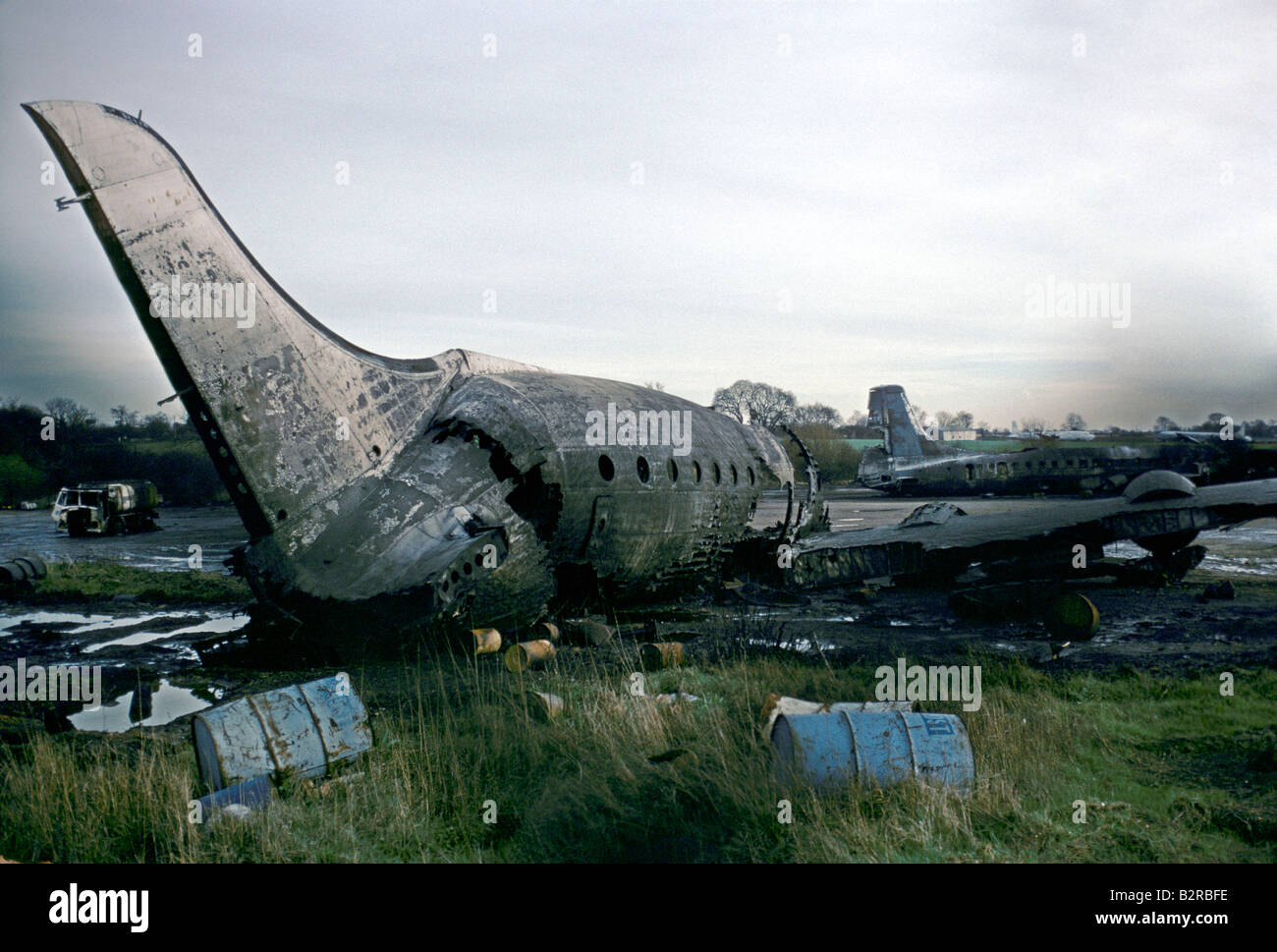 Fire drill on an old disused, damaged plane at Stansted airport, UK Stock Photo