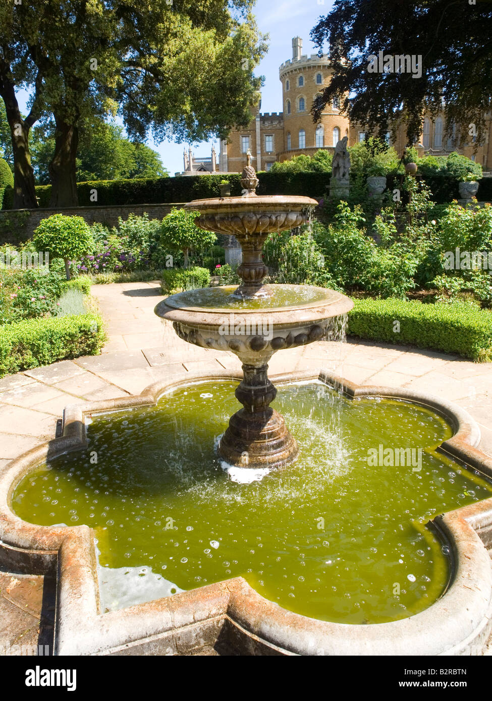 A fountain in the grounds of Belvoir Castle in Leicestershire, England UK Stock Photo