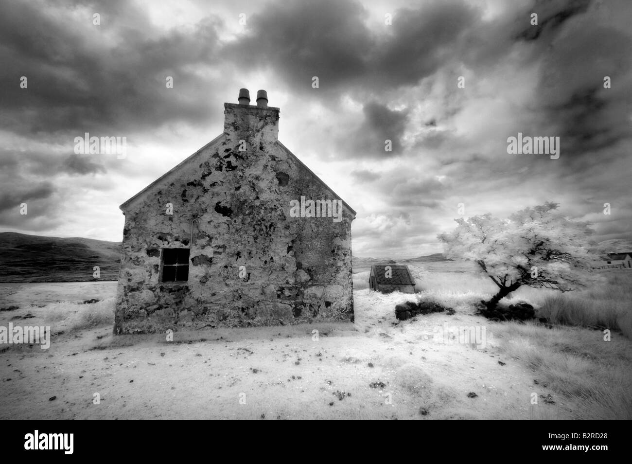 Infrared image of a derelict farmhouse near Arivruach, Isle of Lewis, Hebrides, Scotland, UK Stock Photo