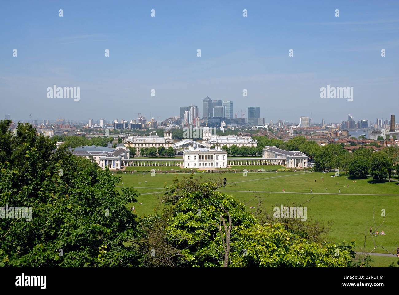 Greenwich Park with view to Royal Naval College, National Maritime Museum and Canary Wharf Stock Photo