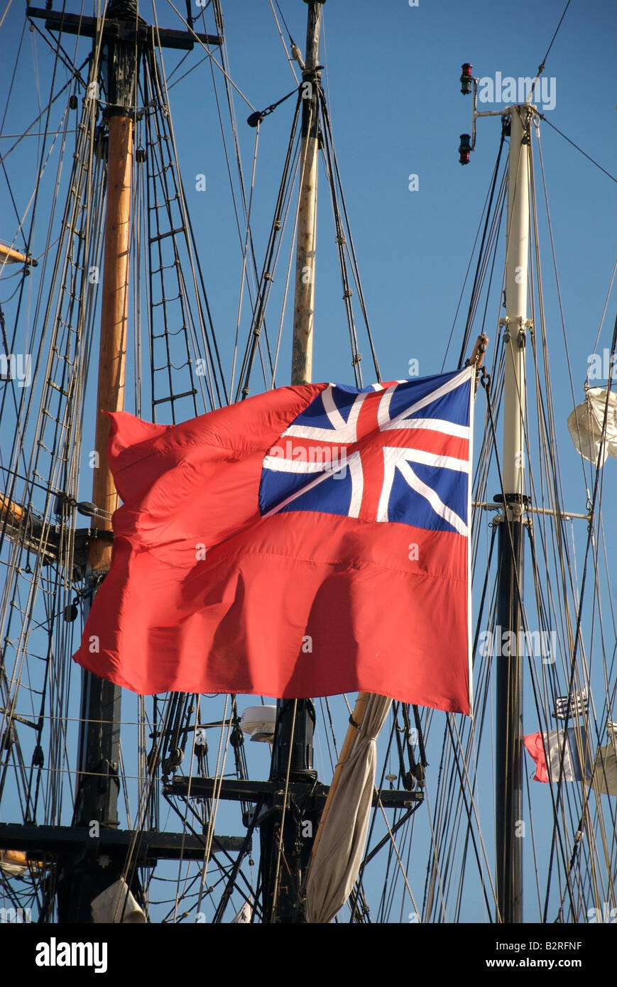 The red union jack ensign flag of the Earl of Pembroke tall ship, Brest