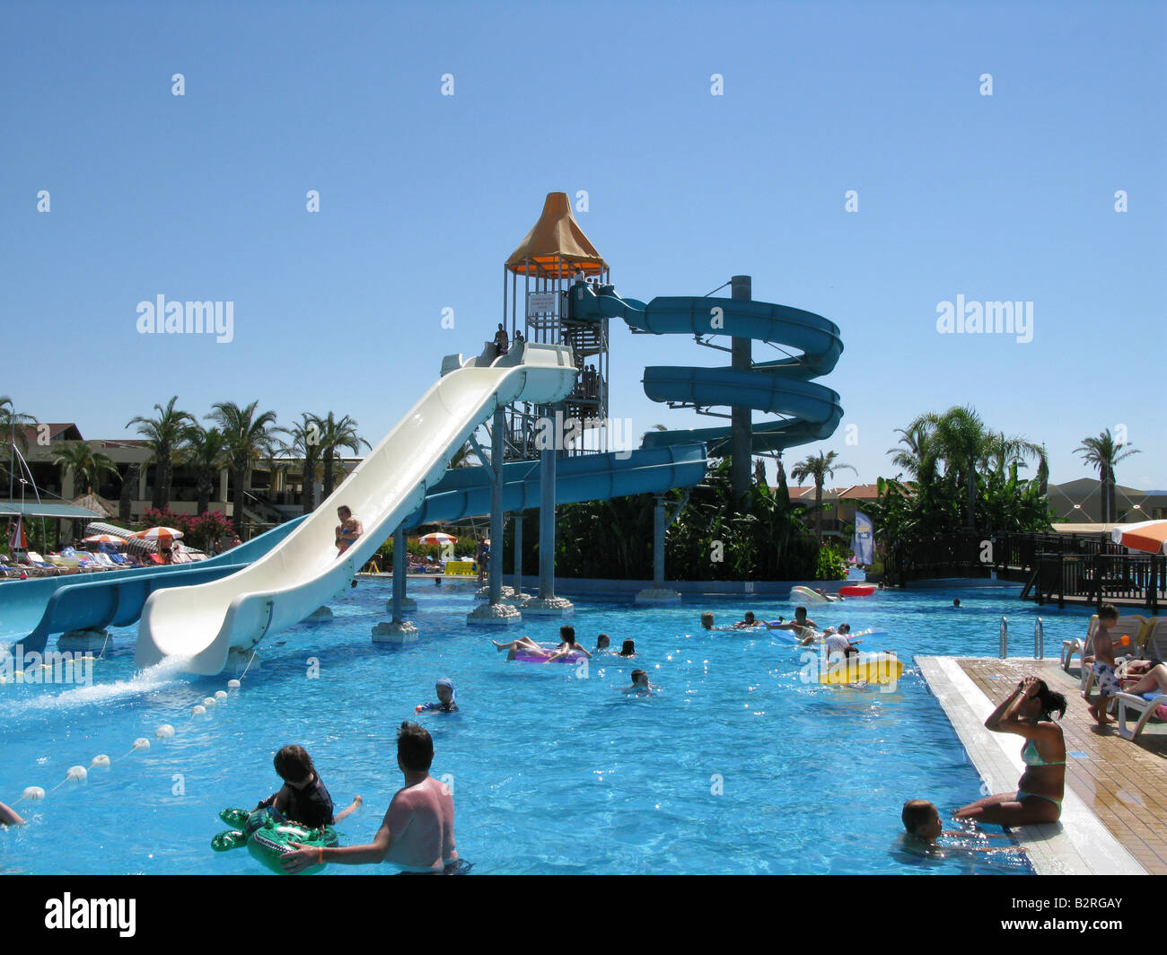 water slide at holiday complex, Sarigerme, Turkey Stock Photo
