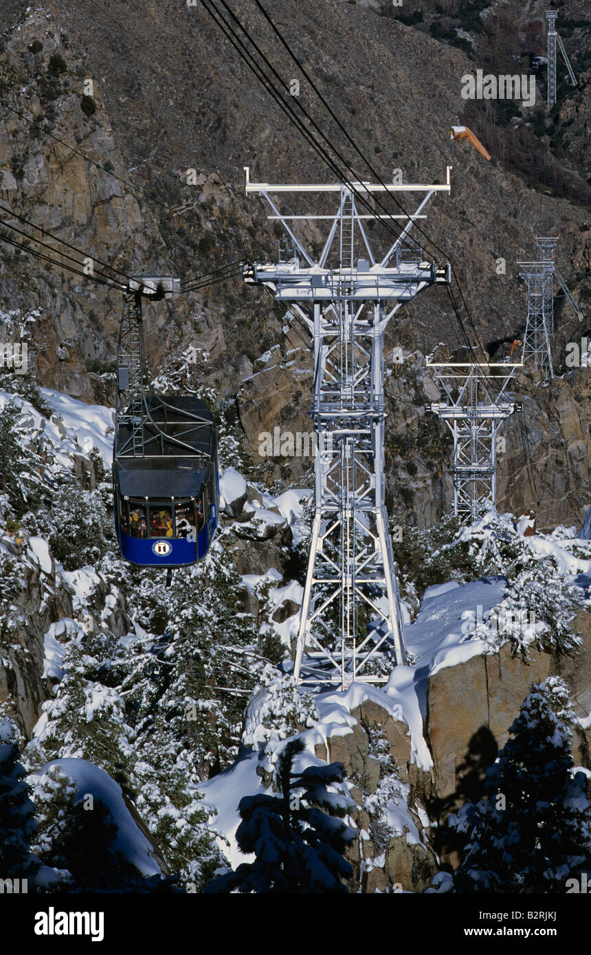 Retro image of Gondola aerial tramway bringing tourists up from the valley floor to the San Jacinto mountain lodge Palm Springs California USA Stock Photo