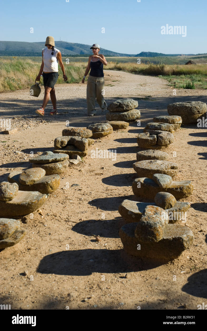Millstones in Ruins of NUMANTIA near Garray SORIA PROVINCE Castile and Leon region SPAIN Stock Photo