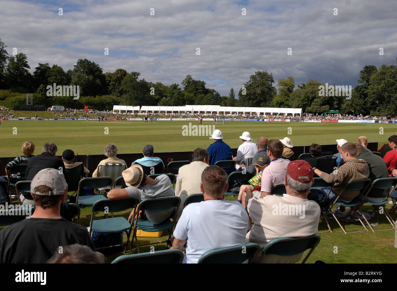 Spectators watch a cricket match between Sussex and Somerset at the Arundel cricket ground UK Stock Photo