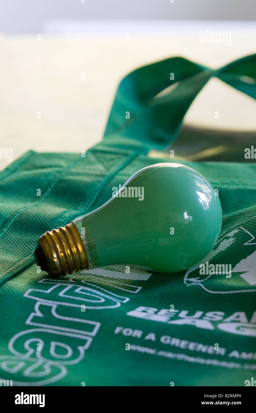 Close up of green color colour light bulb on green cloth grocery bag as symbols of green environmentally sound living Copy space Stock Photo