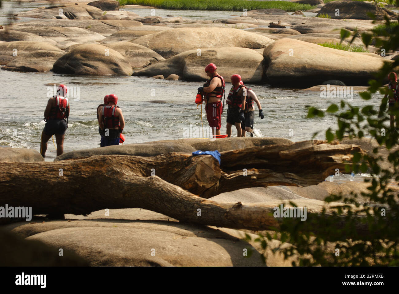 Fire and EMS team practicing a river rescue in the James river Stock Photo