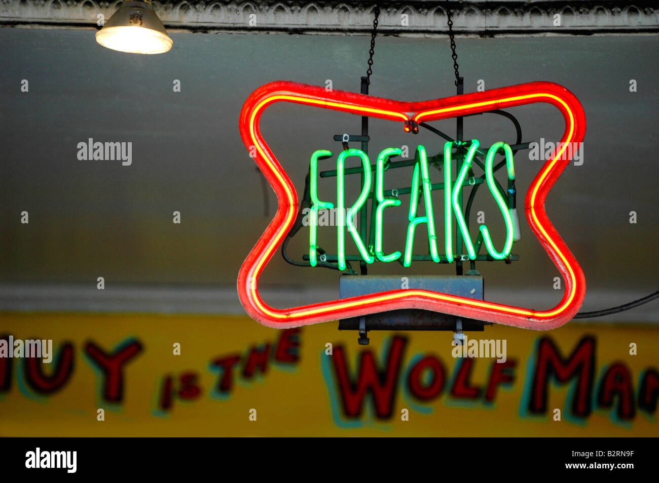 neon sign advertising the freak show at coney island Stock Photo Alamy