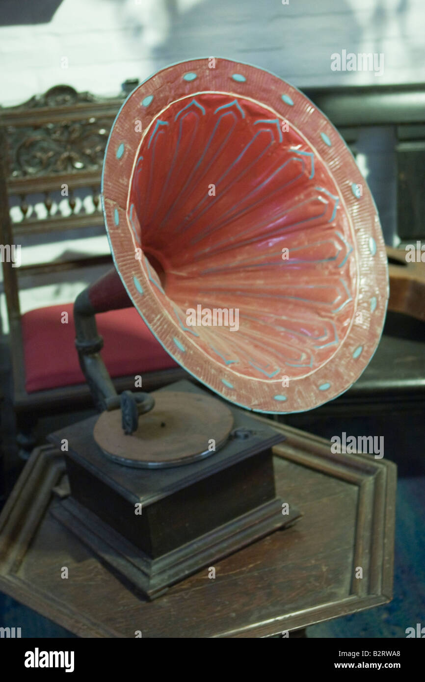 An antique and old gramophone phonograph exhibited in Rocsen Museum, Nono, Traslasierra, Cordoba, Argentina. Stock Photo