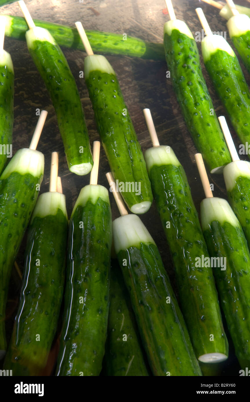 Japanese cucumbers mildly pickled in seaweed flavored ice water called