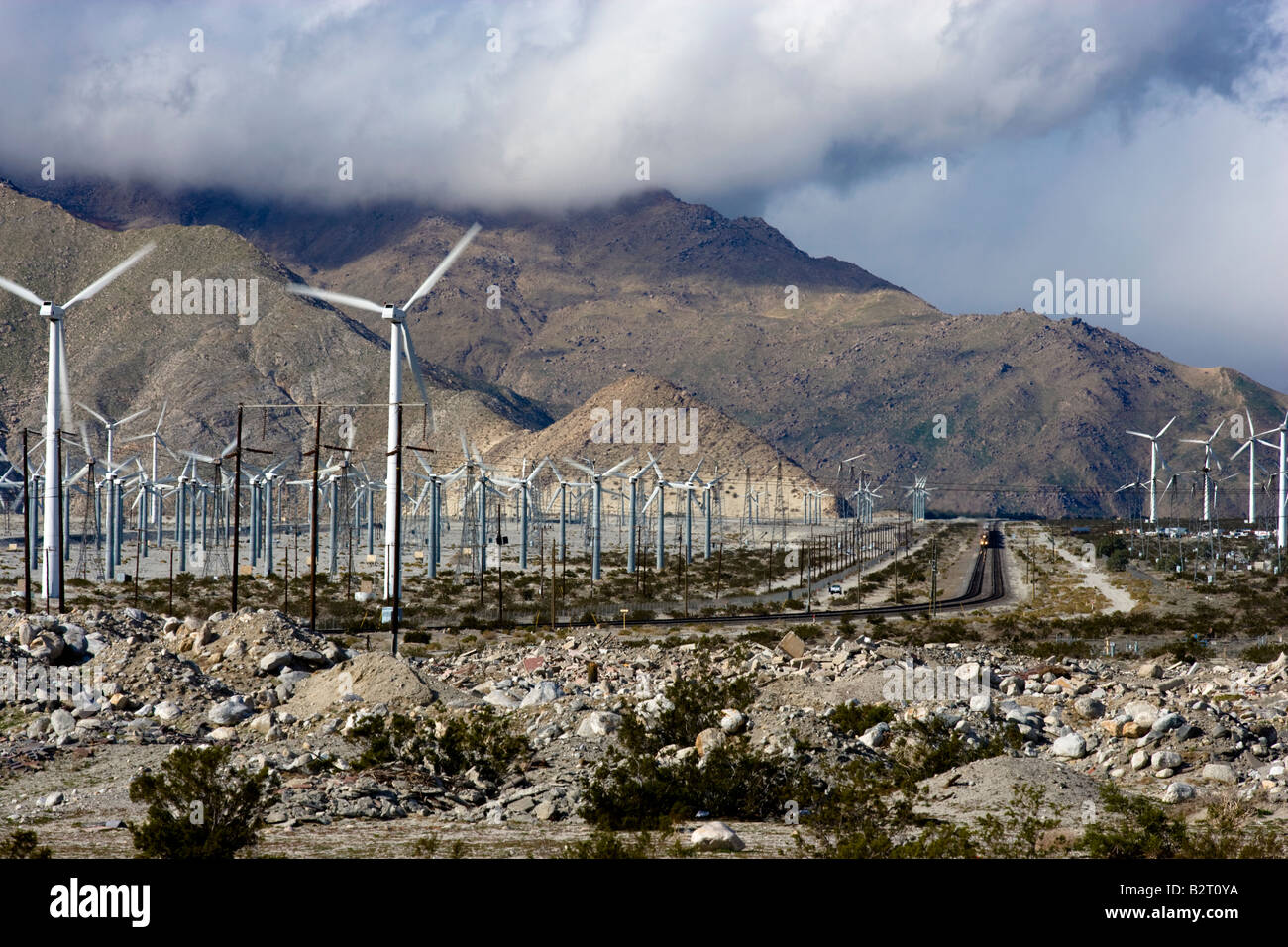 Wind turbines at Wind Farm near Palm Springs California USA Stock Photo