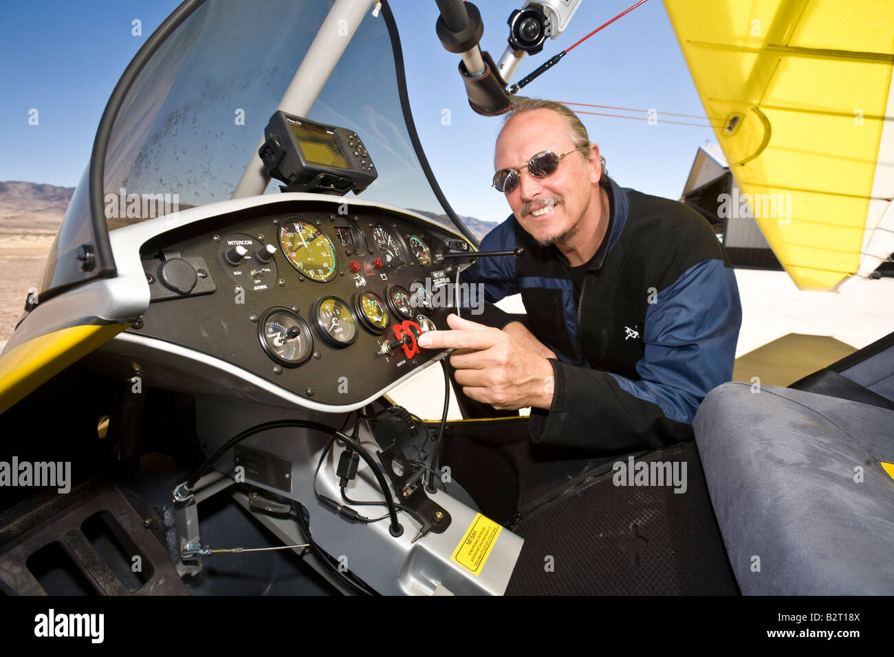 Flying instructor showing instrument panel of a microlite at the Sky Gypsy Complex New Mexico USA Stock Photo