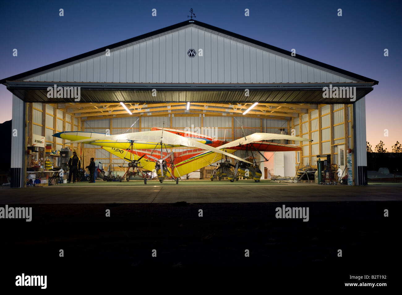 Microlite aircraft in a large hangar at the Sky Gypsy Complex Rodeo New Mexico Stock Photo