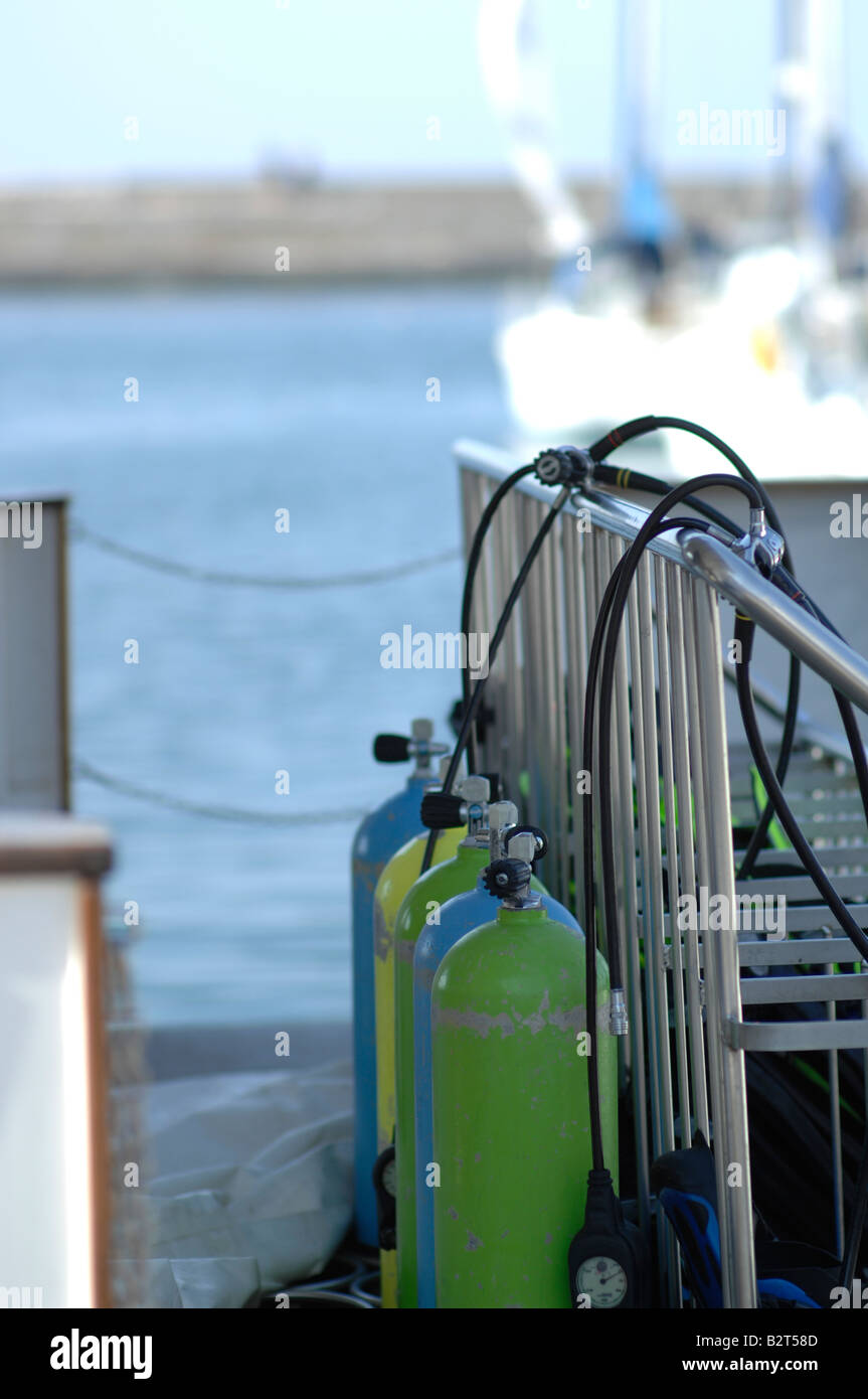 Diving oxygen tanks on a yacht in Crete Stock Photo Alamy