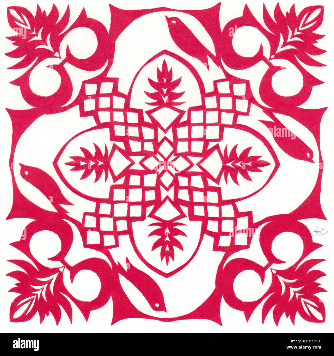 Contemporary paper cutting with symmetrical floral design by Miss Wanda Skowron from Warszawa Poland 2008 Stock Photo