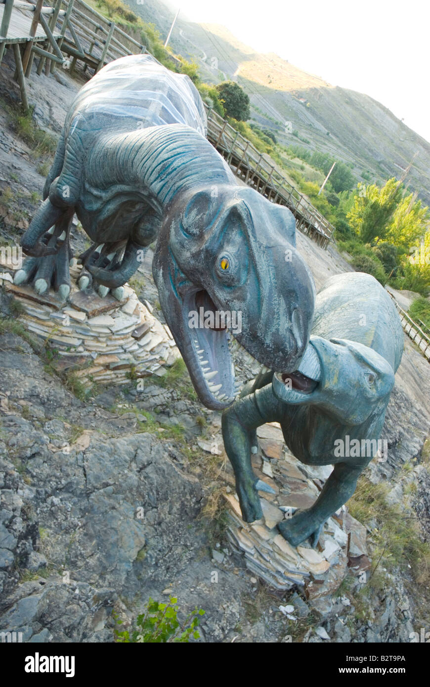 Replica of allosaurus and iguanodon dinosaurs at Virgen del Campo site in ENCISO La Rioja region Spain Stock Photo
