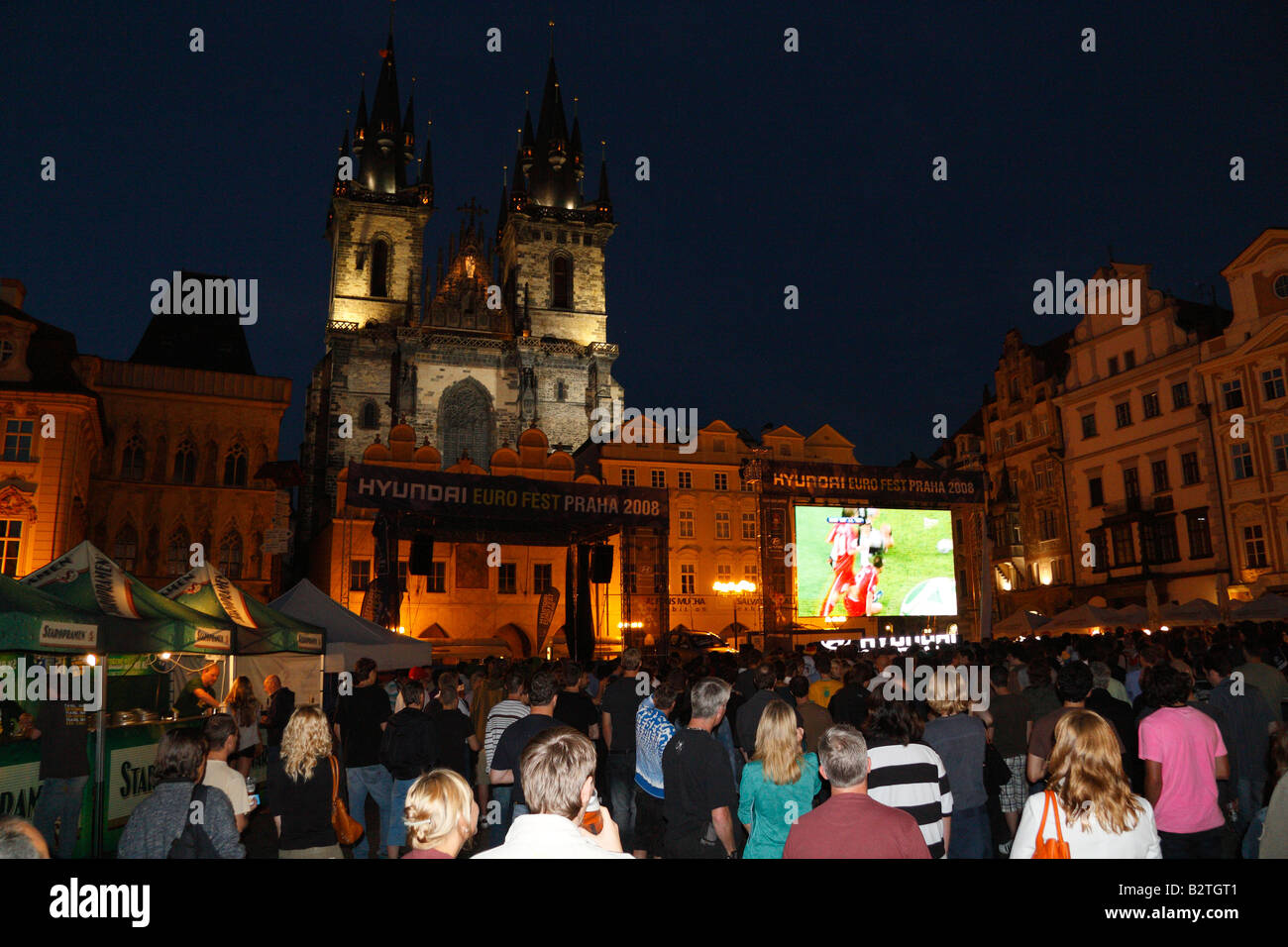 Football fans filled the Old Town Square in Prague during the European football UEFA championship games Stock Photo