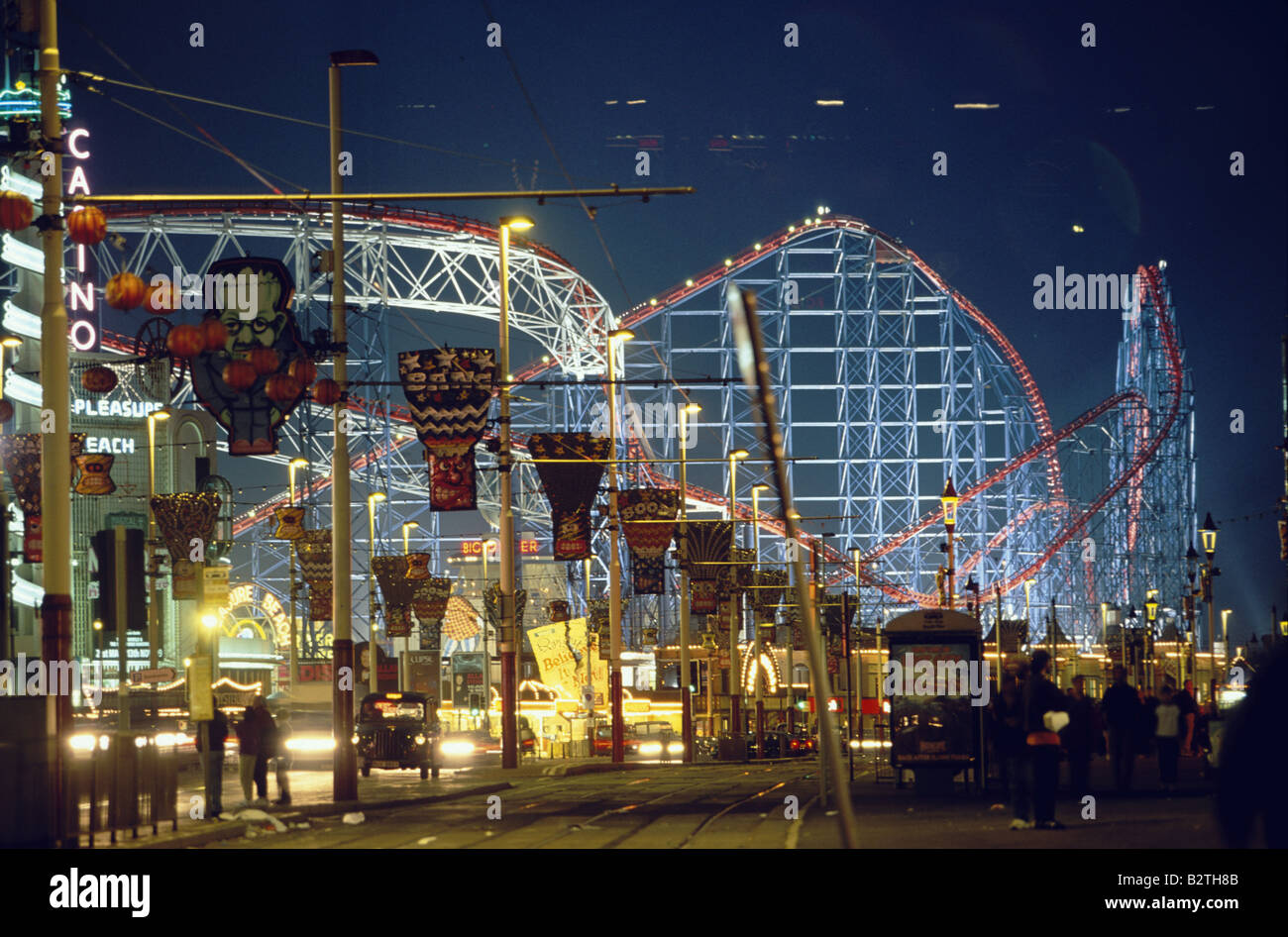 Roller Coaster at Blackpool Amusement Park, illuminated at night
