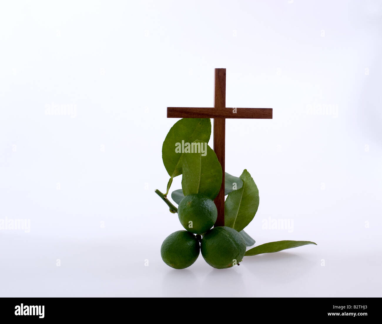Wooden Christian Cross with a key lime branch and green keylimes and leaves Stock Photo