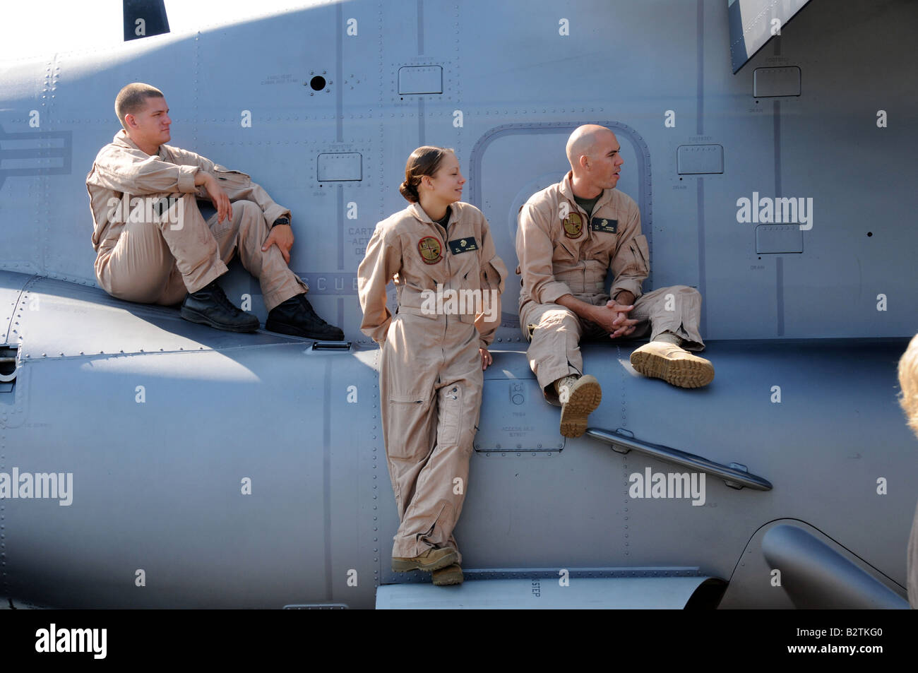 Crew with Bell-Boeing V-22 Osprey helicopter at airshow. Stock Photo