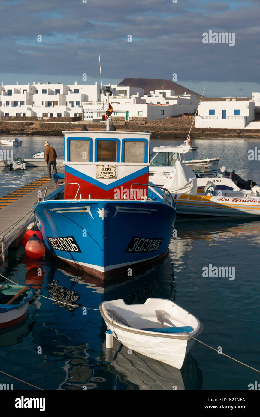 Fishing boats in Caleta del Sebo on La Graciosa island (near Lanzarote) in the Canary islands. Stock Photo