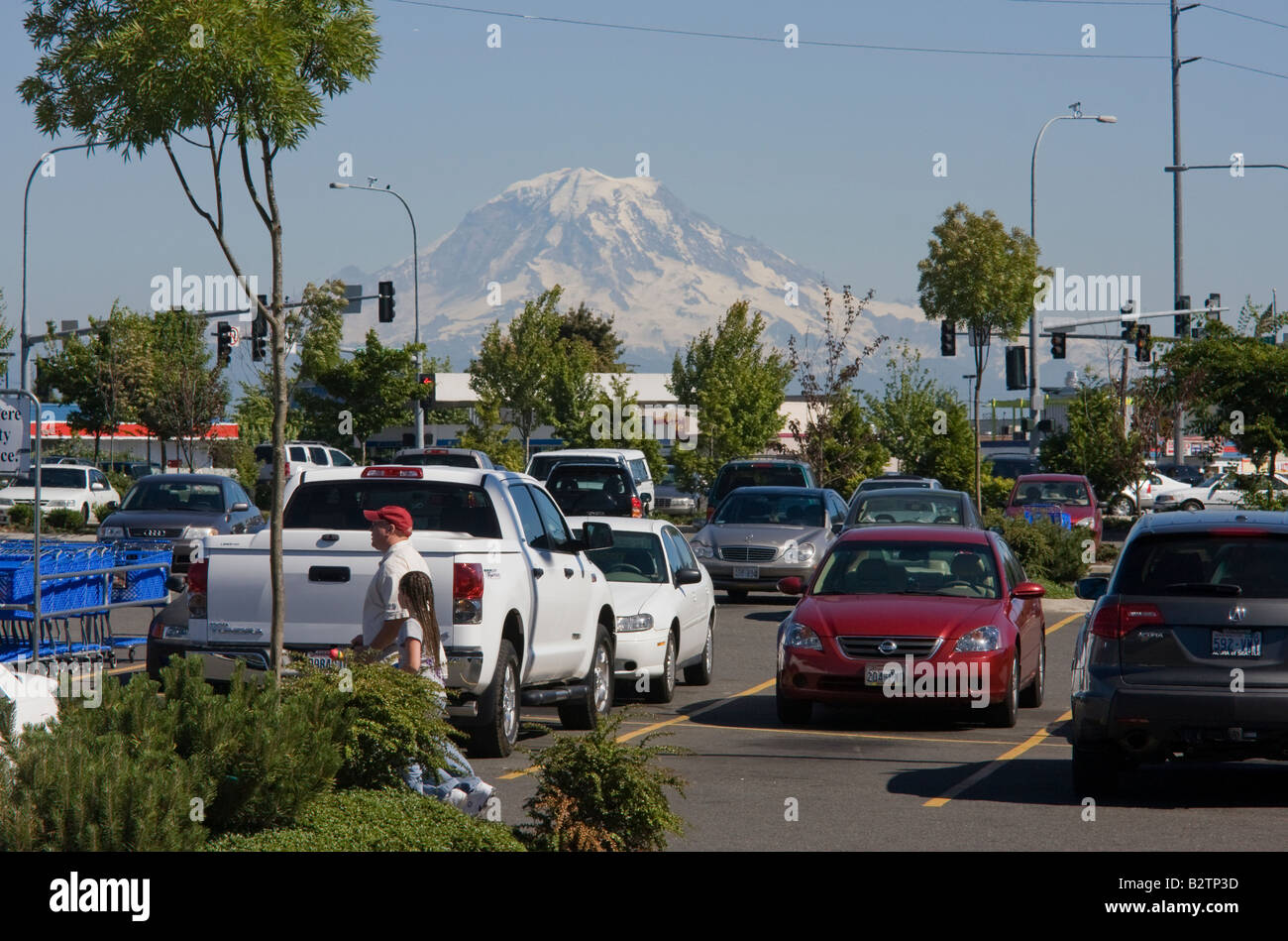 Store car park with Mount Rainier in background Federal Way Washington