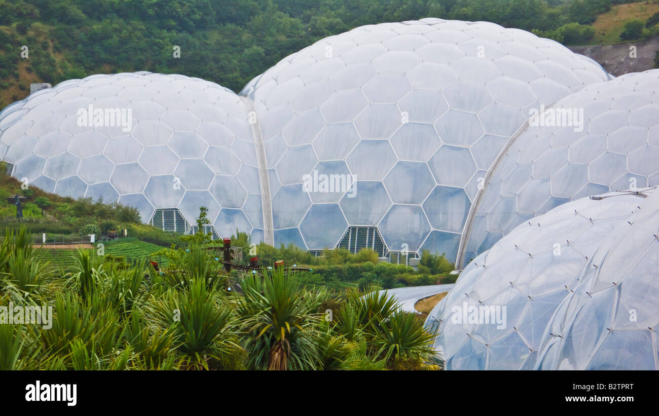 hexagonal ETFE pillow biomes at The Eden project in an old china clay pit Bodelva St Austell Cornwall England UK GB EU Europe Stock Photo