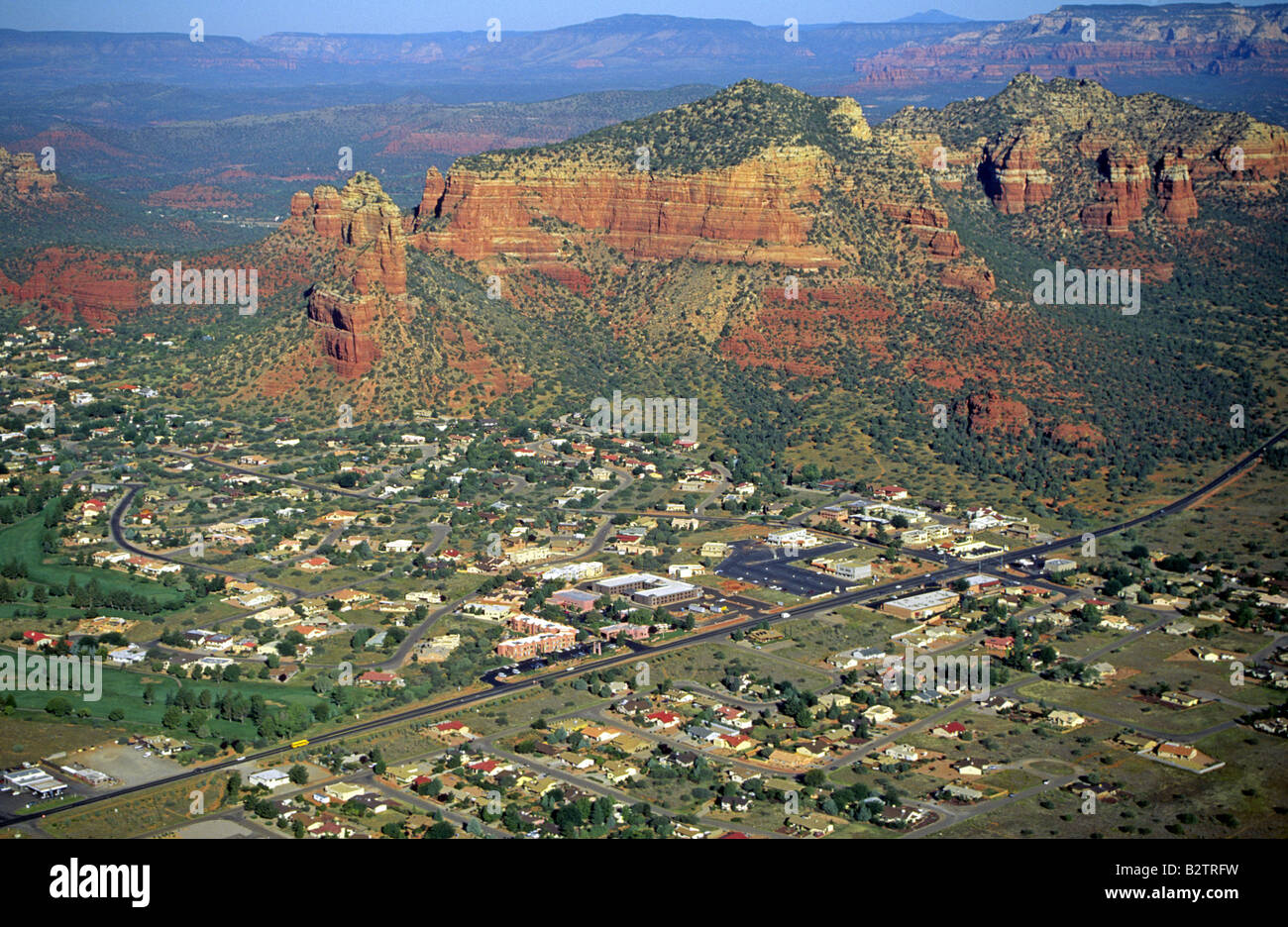 An overview of the city of Sedona Arizona along the Mogollon Rim Stock