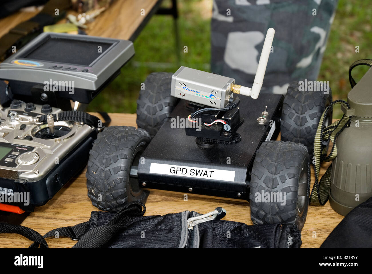 small remote mobile wireless rover used by police swat team on display at fair Gainesville Florida Stock Photo