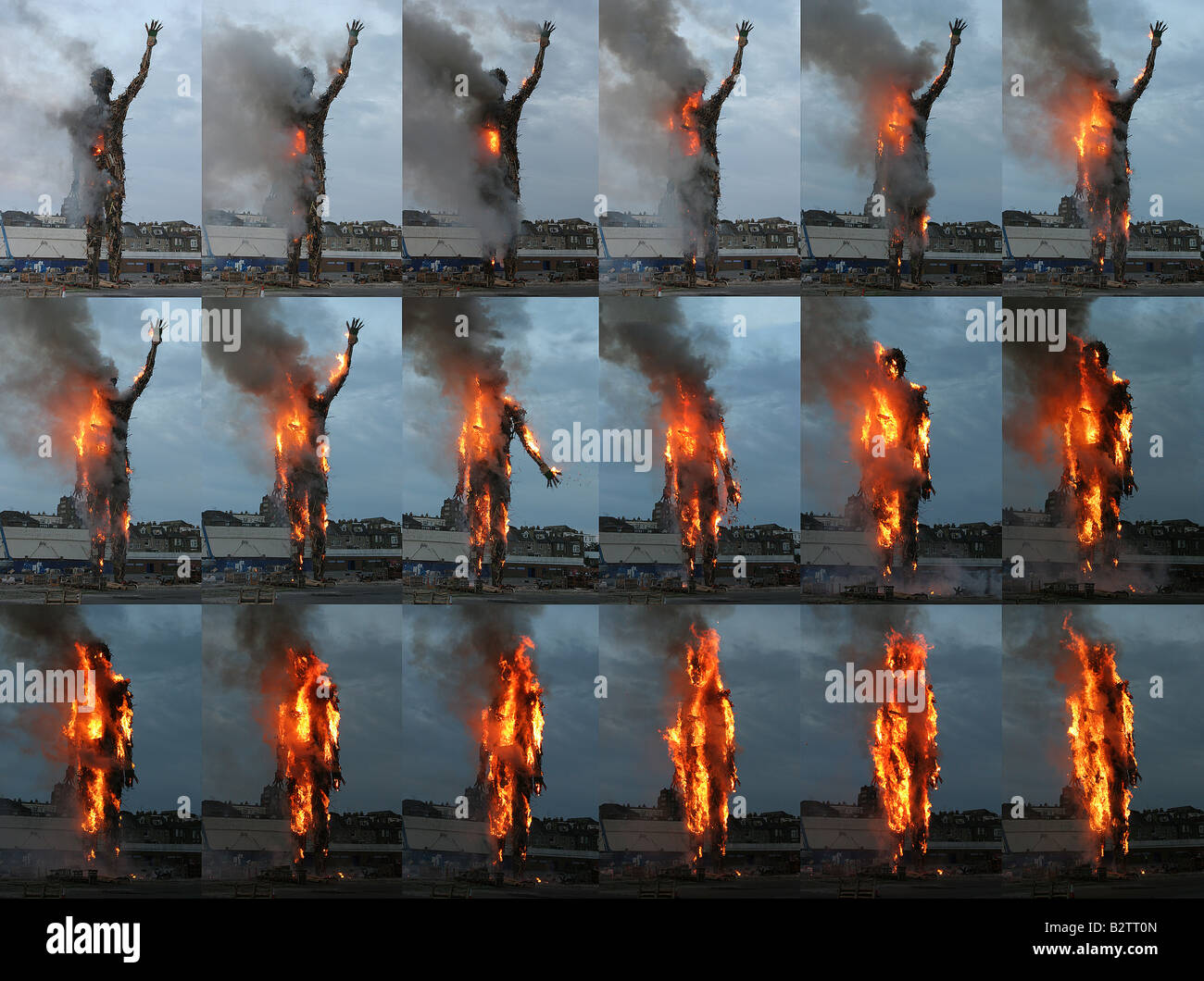 Burning sequence of Anthony Gormley's Waste Man from Margate Exodus film set. Composite image Stock Photo