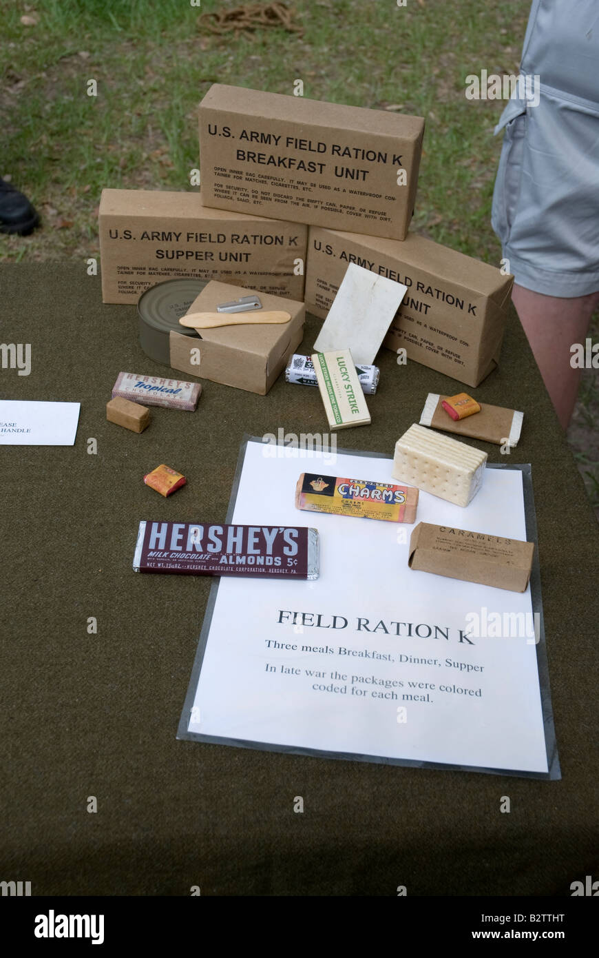 display of vintage U S Army equipment at fair Gainesville Florida U S Army World War 2 K Ration food items Stock Photo